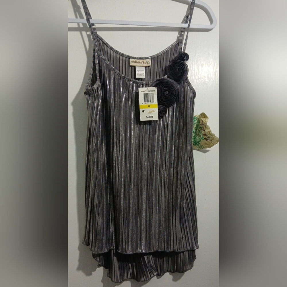 Belle Du Jour Metallic Gray Top with Rosette Details NWT